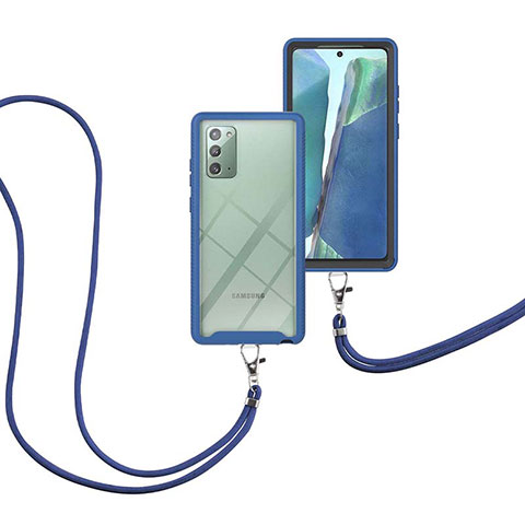 Samsung Galaxy Note 20 5G用ハイブリットバンパーケース プラスチック 兼シリコーン カバー 前面と背面 360度 フル 携帯ストラップ サムスン ネイビー