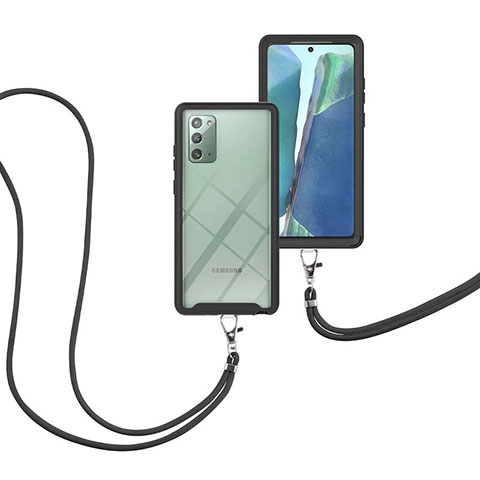 Samsung Galaxy Note 20 5G用ハイブリットバンパーケース プラスチック 兼シリコーン カバー 前面と背面 360度 フル 携帯ストラップ サムスン ブラック