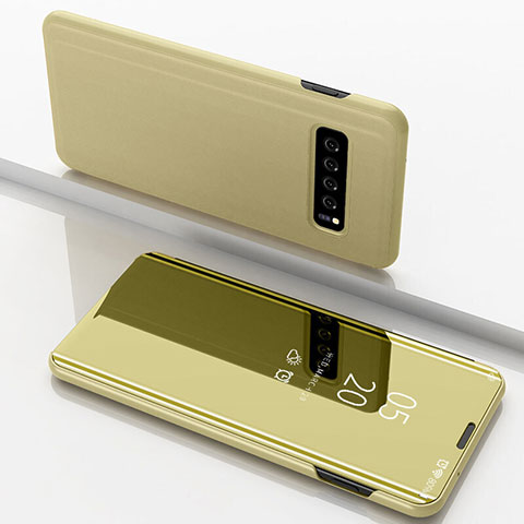 Samsung Galaxy S10 5G用手帳型 レザーケース スタンド カバー 鏡面 カバー サムスン ゴールド