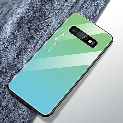 Samsung Galaxy S10 5G用ハイブリットバンパーケース プラスチック 鏡面 虹 グラデーション 勾配色 カバー M01 サムスン シアン