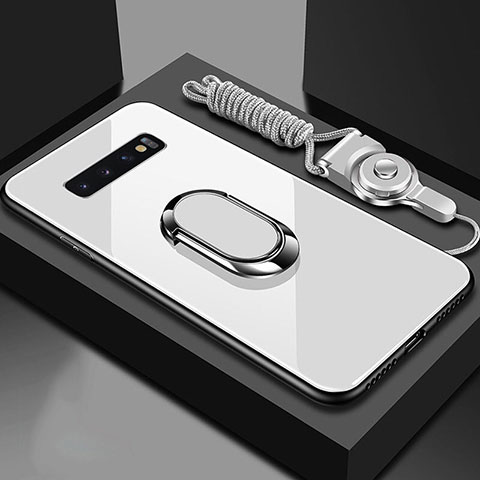 Samsung Galaxy S10用ハイブリットバンパーケース プラスチック 鏡面 カバー アンド指輪 マグネット式 サムスン ホワイト