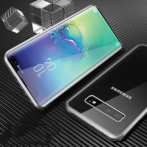 Samsung Galaxy S10 Plus用ケース 高級感 手触り良い アルミメタル 製の金属製 360度 フルカバーバンパー 鏡面 カバー T02 サムスン シルバー