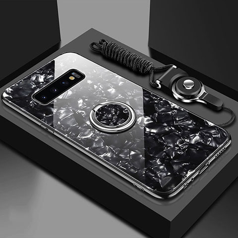 Samsung Galaxy S10 Plus用ハイブリットバンパーケース プラスチック 鏡面 カバー アンド指輪 マグネット式 T01 サムスン ブラック