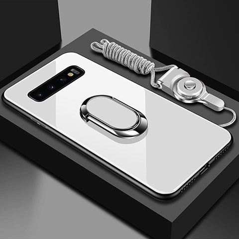 Samsung Galaxy S10 Plus用ハイブリットバンパーケース プラスチック 鏡面 カバー アンド指輪 マグネット式 T02 サムスン ホワイト