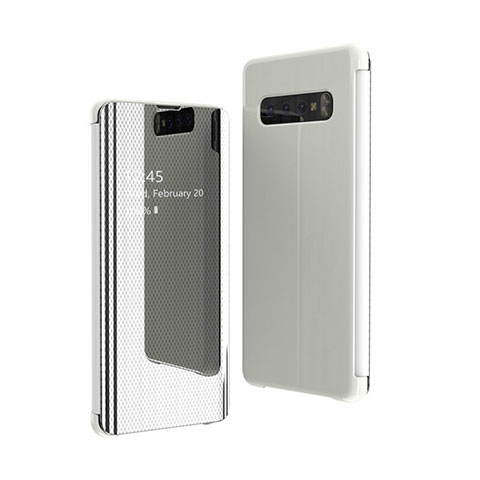 Samsung Galaxy S10 Plus用手帳型 レザーケース スタンド 鏡面 カバー A01 サムスン シルバー