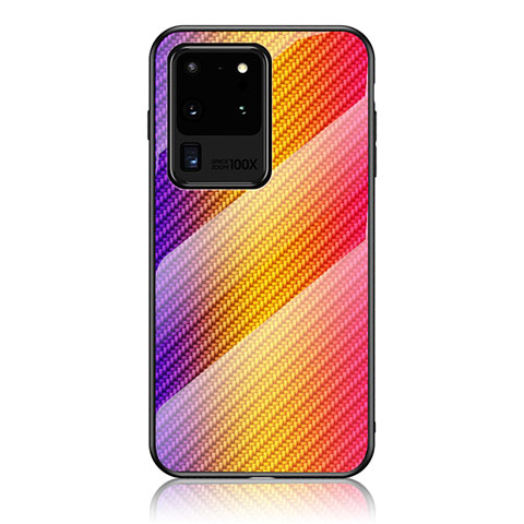 Samsung Galaxy S20 Ultra用ハイブリットバンパーケース プラスチック 鏡面 虹 グラデーション 勾配色 カバー LS2 サムスン オレンジ