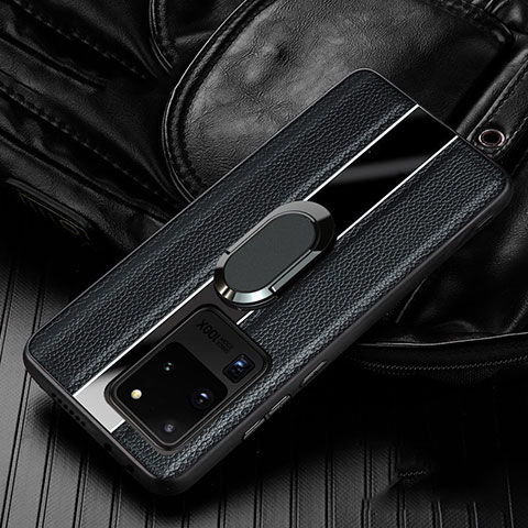 Samsung Galaxy S20 Ultra用シリコンケース ソフトタッチラバー レザー柄 アンド指輪 マグネット式 T04 サムスン ブラック