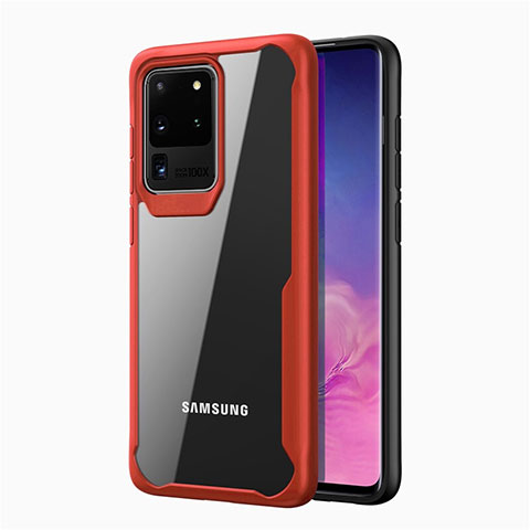 Samsung Galaxy S20 Ultra用ハイブリットバンパーケース クリア透明 プラスチック 鏡面 カバー H02 サムスン レッド