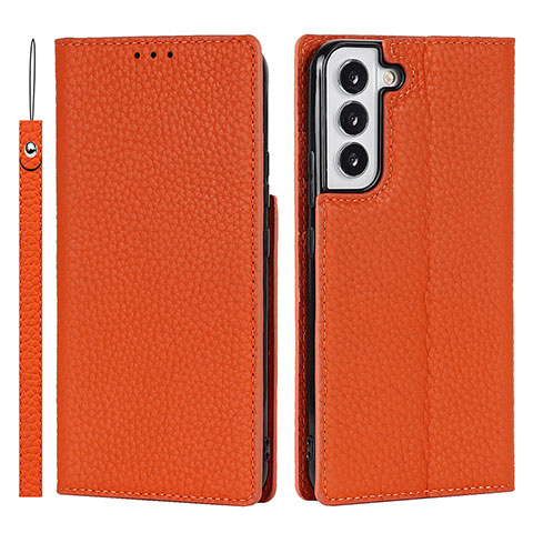Samsung Galaxy S21 5G用手帳型 レザーケース スタンド カバー T02D サムスン オレンジ
