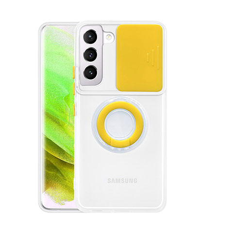 Samsung Galaxy S21 5G用極薄ソフトケース シリコンケース 耐衝撃 全面保護 クリア透明 アンド指輪 A01 サムスン イエロー
