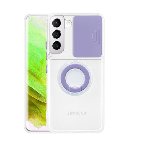 Samsung Galaxy S21 5G用極薄ソフトケース シリコンケース 耐衝撃 全面保護 クリア透明 アンド指輪 A01 サムスン パープル