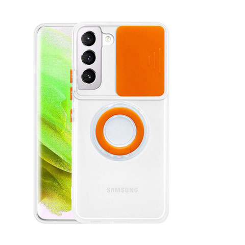 Samsung Galaxy S21 5G用極薄ソフトケース シリコンケース 耐衝撃 全面保護 クリア透明 アンド指輪 A01 サムスン オレンジ