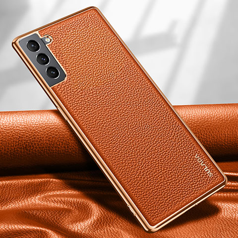 Samsung Galaxy S21 5G用ケース 高級感 手触り良いレザー柄 S09 サムスン オレンジ