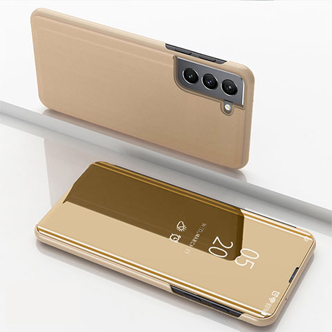 Samsung Galaxy S21 5G用手帳型 レザーケース スタンド 鏡面 カバー M01 サムスン ゴールド
