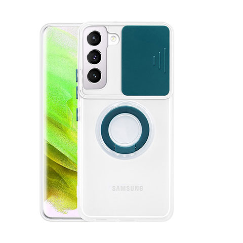 Samsung Galaxy S21 FE 5G用極薄ソフトケース シリコンケース 耐衝撃 全面保護 クリア透明 アンド指輪 S01 サムスン モスグリー