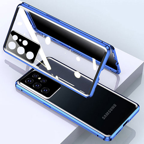 Samsung Galaxy S21 Ultra 5G用ケース 高級感 手触り良い アルミメタル 製の金属製 360度 フルカバーバンパー 鏡面 カバー M03 サムスン ネイビー