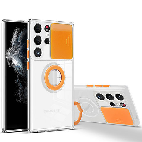 Samsung Galaxy S21 Ultra 5G用極薄ソフトケース シリコンケース 耐衝撃 全面保護 クリア透明 アンド指輪 S03 サムスン オレンジ