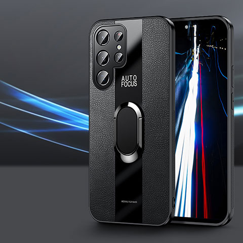 Samsung Galaxy S21 Ultra 5G用シリコンケース ソフトタッチラバー レザー柄 アンド指輪 マグネット式 S03 サムスン ブラック