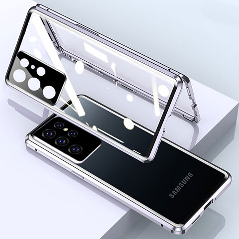 Samsung Galaxy S21 Ultra 5G用ケース 高級感 手触り良い アルミメタル 製の金属製 360度 フルカバーバンパー 鏡面 カバー M01 サムスン シルバー
