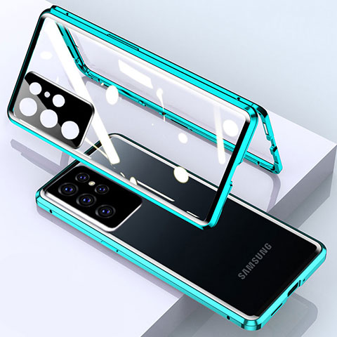 Samsung Galaxy S21 Ultra 5G用ケース 高級感 手触り良い アルミメタル 製の金属製 360度 フルカバーバンパー 鏡面 カバー M01 サムスン グリーン