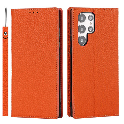 Samsung Galaxy S22 Ultra 5G用手帳型 レザーケース スタンド カバー T02D サムスン オレンジ