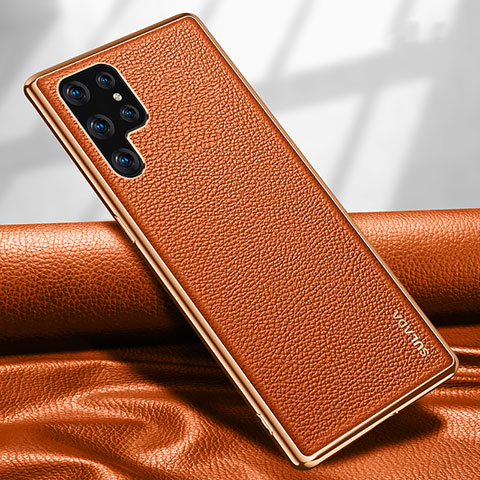 Samsung Galaxy S22 Ultra 5G用ケース 高級感 手触り良いレザー柄 S09 サムスン オレンジ
