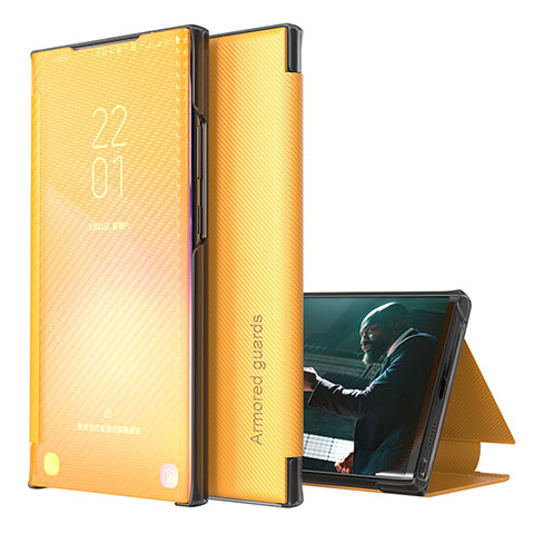 Samsung Galaxy S22 Ultra 5G用手帳型 レザーケース スタンド カバー ZL1 サムスン イエロー