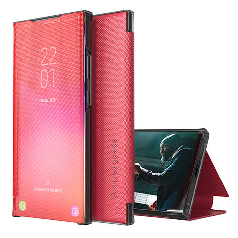 Samsung Galaxy S22 Ultra 5G用手帳型 レザーケース スタンド カバー ZL1 サムスン レッド