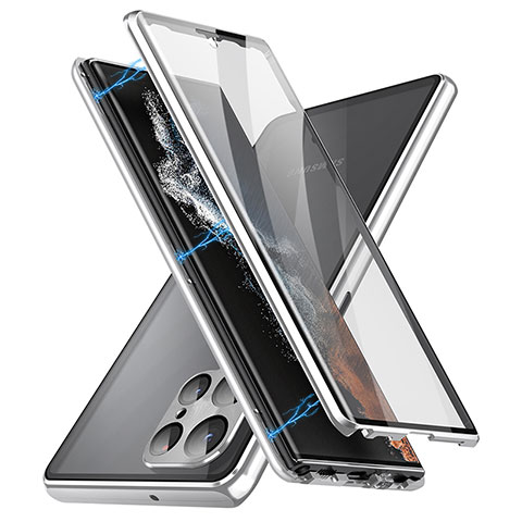 Samsung Galaxy S22 Ultra 5G用ケース 高級感 手触り良い アルミメタル 製の金属製 360度 フルカバーバンパー 鏡面 カバー LK2 サムスン シルバー