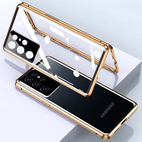 Samsung Galaxy S23 Ultra 5G用ケース 高級感 手触り良い アルミメタル 製の金属製 360度 フルカバーバンパー 鏡面 カバー M01 サムスン ゴールド