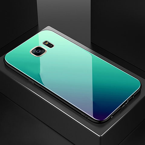 Samsung Galaxy S7 Edge G935F用ハイブリットバンパーケース プラスチック 鏡面 虹 グラデーション 勾配色 カバー サムスン シアン