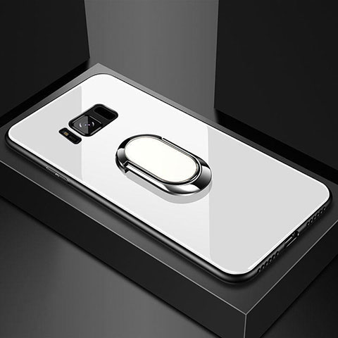Samsung Galaxy S8 Plus用ハイブリットバンパーケース プラスチック 鏡面 カバー アンド指輪 マグネット式 サムスン ホワイト
