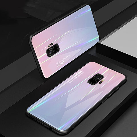 Samsung Galaxy S9用ハイブリットバンパーケース プラスチック 鏡面 虹 グラデーション 勾配色 カバー サムスン ピンク