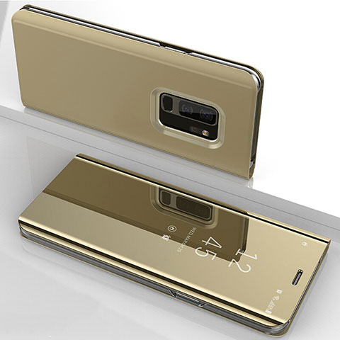 Samsung Galaxy S9 Plus用手帳型 レザーケース スタンド 鏡面 カバー サムスン ゴールド