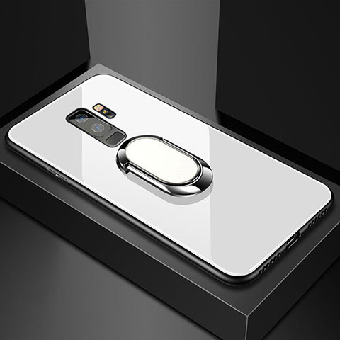Samsung Galaxy S9 Plus用ハイブリットバンパーケース プラスチック 鏡面 カバー アンド指輪 マグネット式 サムスン ホワイト