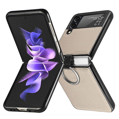 Samsung Galaxy Z Flip3 5G用ハイブリットバンパーケース 高級感 手触り良いレザー柄 兼プラスチック サムスン ゴールド