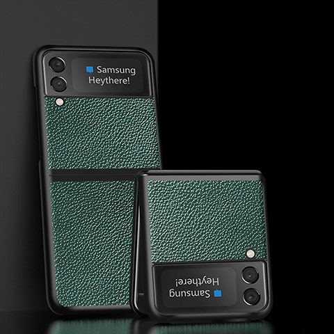 Samsung Galaxy Z Flip3 5G用ハイブリットバンパーケース 高級感 手触り良いレザー柄 兼プラスチック S05 サムスン グリーン