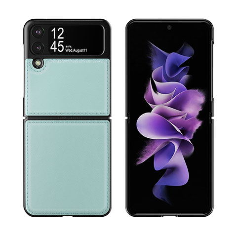 Samsung Galaxy Z Flip3 5G用ハイブリットバンパーケース 高級感 手触り良いレザー柄 兼プラスチック S06 サムスン ライトブルー
