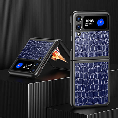 Samsung Galaxy Z Flip3 5G用ハイブリットバンパーケース 高級感 手触り良いレザー柄 兼プラスチック S08 サムスン ネイビー