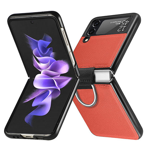 Samsung Galaxy Z Flip3 5G用ハイブリットバンパーケース 高級感 手触り良いレザー柄 兼プラスチック L06 サムスン オレンジ