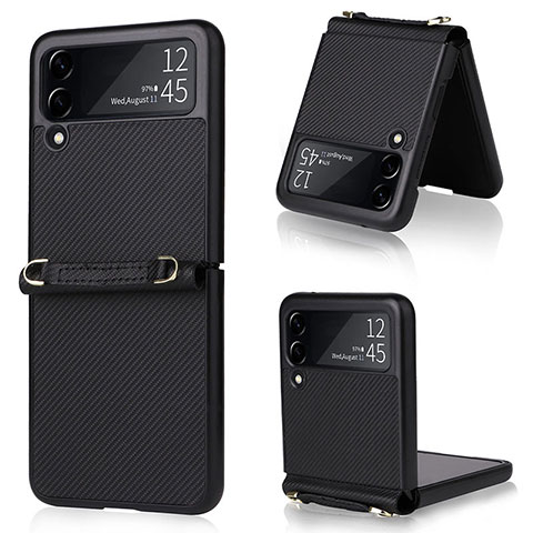 Samsung Galaxy Z Flip3 5G用ハイブリットバンパーケース 高級感 手触り良いレザー柄 兼プラスチック R04 サムスン ブラック