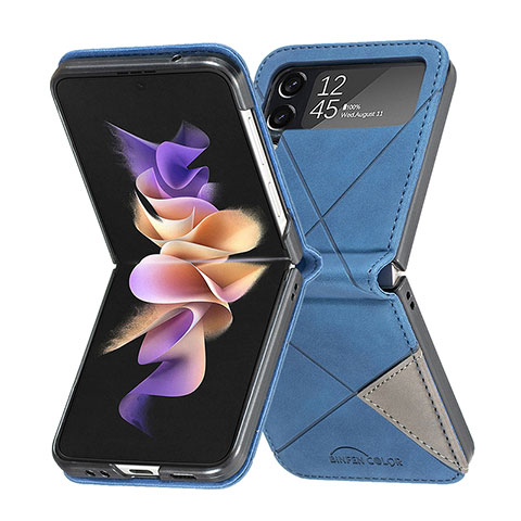 Samsung Galaxy Z Flip4 5G用ハイブリットバンパーケース 高級感 手触り良いレザー柄 兼プラスチック サムスン ネイビー