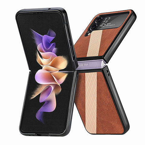 Samsung Galaxy Z Flip4 5G用ハイブリットバンパーケース 高級感 手触り良いレザー柄 兼プラスチック L07 サムスン ブラウン