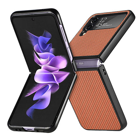 Samsung Galaxy Z Flip4 5G用ハイブリットバンパーケース 高級感 手触り良いレザー柄 兼プラスチック H02 サムスン ブラウン