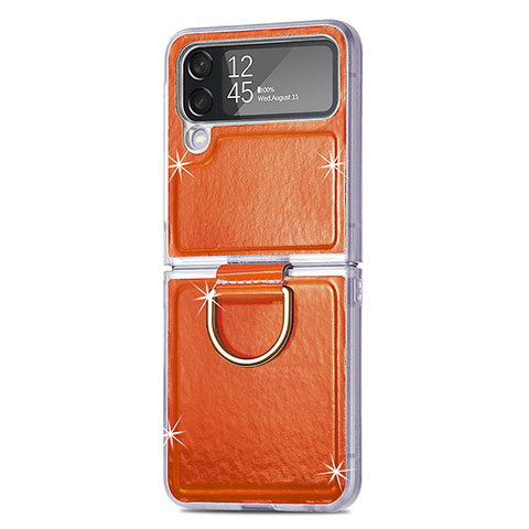 Samsung Galaxy Z Flip4 5G用ハイブリットバンパーケース 高級感 手触り良いレザー柄 兼プラスチック H08 サムスン オレンジ