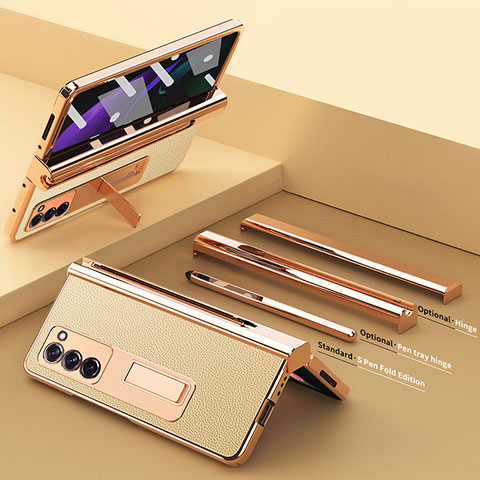 Samsung Galaxy Z Fold2 5G用ハイブリットバンパーケース 高級感 手触り良いレザー柄 兼プラスチック Z05 サムスン ゴールド
