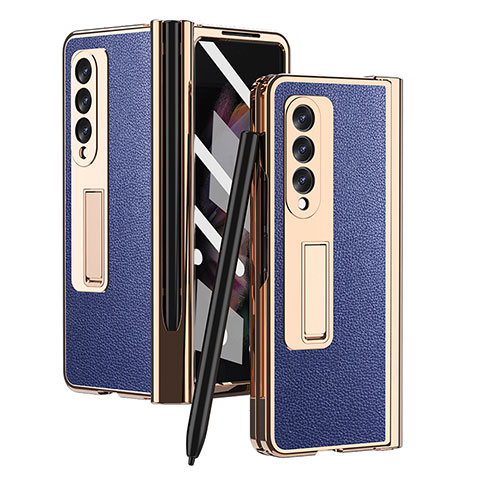 Samsung Galaxy Z Fold3 5G用ハイブリットバンパーケース 高級感 手触り良いレザー柄 兼プラスチック ZL4 サムスン ネイビー