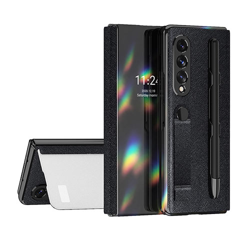 Samsung Galaxy Z Fold3 5G用ハイブリットバンパーケース 高級感 手触り良いレザー柄 兼プラスチック C07 サムスン ブラック