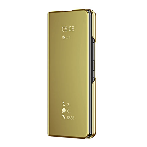 Samsung Galaxy Z Fold4 5G用手帳型 レザーケース スタンド 鏡面 カバー ZL2 サムスン ゴールド