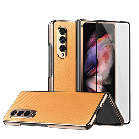 Samsung Galaxy Z Fold4 5G用ハイブリットバンパーケース 高級感 手触り良いレザー柄 兼プラスチック C03 サムスン オレンジ